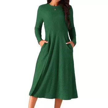 Женское весеннее повседневное трикотажное платье-миди трапециевидной формы с длинными рукавами и круглым вырезом Seta T, цвет Dark Green