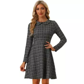 Женское винтажное твидовое платье трапециевидной формы в клетку с воротником Питера Пэна и длинными рукавами ALLEGRA K, розовый