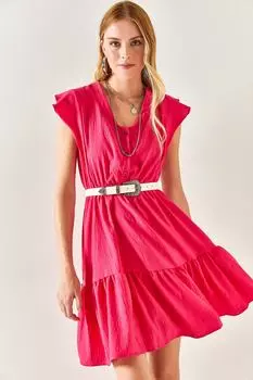 Женское вискозное платье цвета фуксии с оборками и пуговицами Olalook, розовый