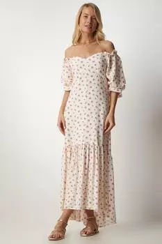 Женское вискозное платье кремового цвета с вырезом сердечком Happiness stanbul, бежевый