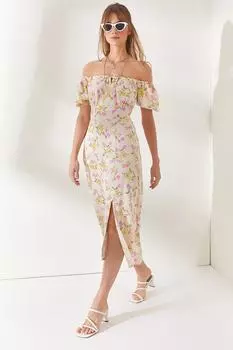 Женское вискозное платье миди бежевого цвета с завязками и воротником Olalook, бежевый