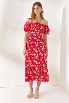 Женское вискозное платье миди с красным воротником и завязками Olalook, красный