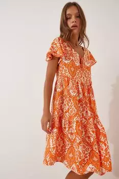 Женское вискозное платье оранжевого цвета с v-образным вырезом и узором Happiness stanbul, оранжевый