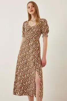 Женское вискозное платье с цветочным сердечком и бисквитным воротником Happiness stanbul, коричневый