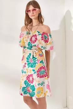 Женское вискозное платье травяного цвета с воротником Мадонны и поясом Olalook, разноцветный