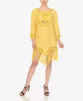 Женское вязанное крючком прикрытое платье с бахромой и рукавами 3/4 White Mark, желтый