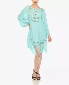 Женское вязанное крючком прикрытое платье с бахромой и рукавами 3/4 White Mark, зеленый