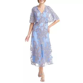 Женское вышитое платье миди с рукавами-накидкой JS Collections, голубой