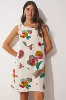 Женское зелено-бежевое мини-платье из льна и вискозы с рисунком Happiness stanbul, разноцветный