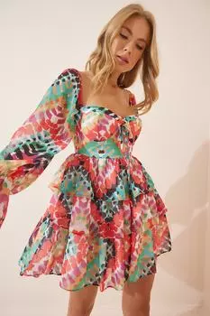 Женское зелено-оранжевое мини-шифоновое платье с многослойным воланом и воланами Happiness stanbul, зеленый