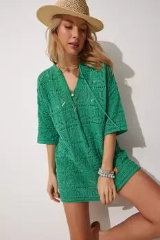 Женское зеленое ажурное летнее трикотажное пляжное платье Happiness stanbul, зеленый