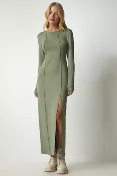 Женское зеленое длинное платье из вискозы с разрезом и прострочкой Happiness stanbul, зеленый