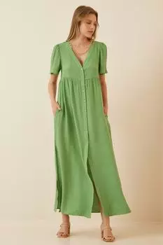 Женское зеленое длинное платье с v-образным вырезом и боковым разрезом Happiness stanbul, зеленый