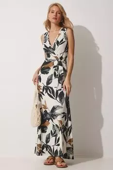 Женское зеленое кремовое летнее трикотажное платье с цветочным воротником Happiness stanbul, зеленый