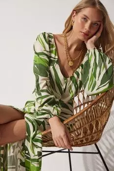 Женское зеленое летнее длинное платье-рубашка из вискозы с тропическим узором Happiness stanbul, зеленый