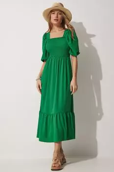 Женское зеленое летнее длинное платье с квадратным воротником DK00142 Happiness stanbul, зеленый