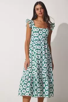 Женское зеленое летнее платье с квадратным воротником и рюшами на рукавах Happiness stanbul, зеленый