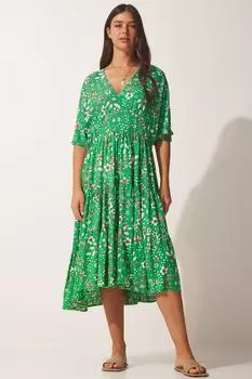Женское зеленое летнее платье с v-образным вырезом и рисунком Happiness stanbul, зеленый