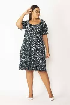 Женское зеленое платье большого размера с эластичным воротником и манжетами с цветочным узором 65n28132 ans, зеленый