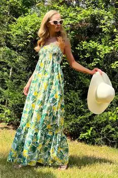 Женское зеленое платье из поплина с цветочным узором и воланом на бретельках ALC-X8732 Trend Alaat Stili, зеленый