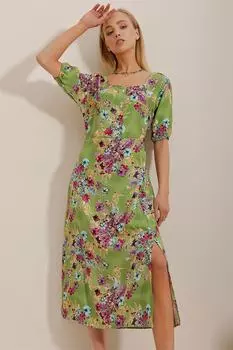 Женское зеленое платье миди с квадратным воротником, пуговицами спереди и разрезом Trend Alaat Stili, зеленый