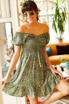 Женское зеленое расклешенное платье с потайным воротником на завязках Olalook, зеленый