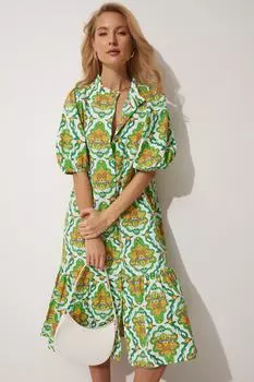 Женское зеленое вискозное летнее платье-рубашка с цветочным узором Happiness stanbul, зеленый