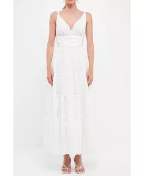 Женское жатое платье макси на бретелях с рюшами Free the Roses, белый
