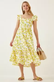 Женское желтое платье с воланами с цветочным узором Happiness stanbul, желтый