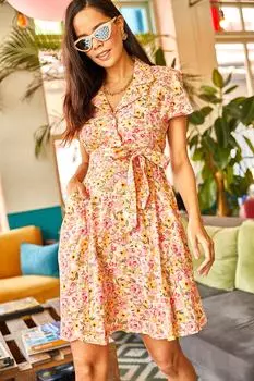 Женское желтое пудровое тканое платье с рубашечным воротником и поясом, карманами Olalook, розовый