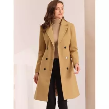 Женское зимнее двубортное длинное пальто с воротником с лацканами и поясом ALLEGRA K