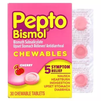 Жевательные таблетки, вишня, 30 жевательных таблеток Pepto Bismol