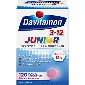 Жевательные витамины Davitamon Junior 3+ — мультивитамины для детей — малина — 120 штук