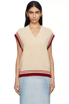 Жилет бежевый шерстяной в рубчик без рукавов с V-образным вырезом AMI Paris
