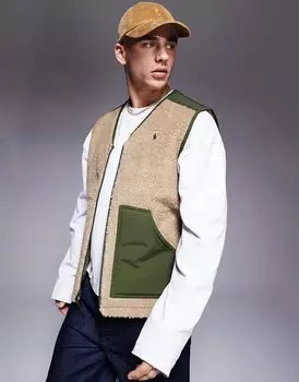 Жилет цвета хаки/зеленого шерпа-борга с логотипом Icon Logo Polo Ralph Lauren