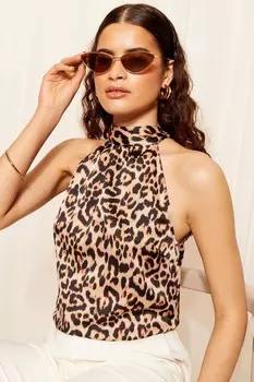 Жилет халтер с завязкой на шее и атласным принтом Friends Like These, коричневый