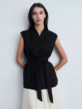 Жилет из чистого льна с поясом из линолеума Mango, черный