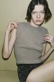 Жилет из полушерстяной плетки однотяжной трикотажной плетки ZARA, коричневый/серо-коричневый
