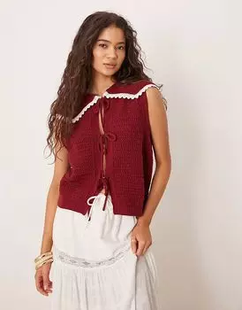 Жилет из трикотажного полотна ASOS DESIGN с завязками спереди и воротником вишневого цвета