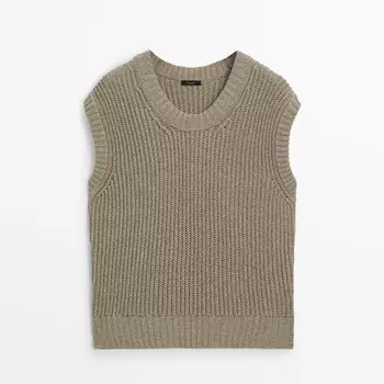 Жилет Massimo Dutti Knit With A Crew Neck And Ribbed Detail, бежевый
