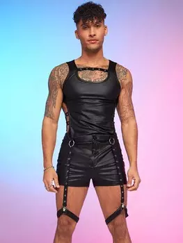 Жилет мужской и шорты FeverCity из искусственной кожи, черный