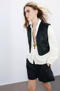 Жилет с эффектом блестящей замши ZARA, черный