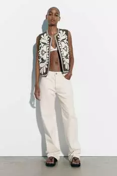 Жилет с контрастной вышивкой ZARA, хаки