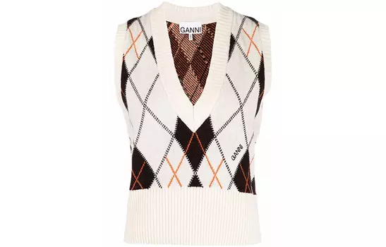 Жилет с V-образным вырезом «Цапля» в стиле арлекин GANNI, бежевый