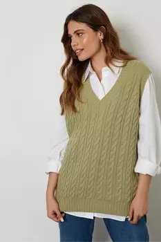 Жилет с V образным вырезом и косичной вязкой Threadbare, зеленый