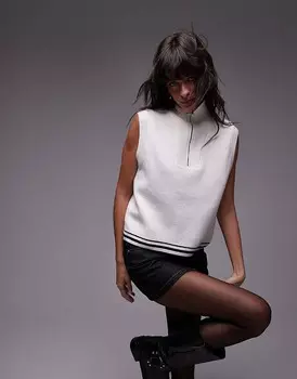 Жилет-свитер Mango– белого цвета с короткой молнией и полосатыми деталями