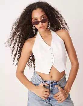 Жилет-топ из чистого льна Gina Tricot с воротником-халтер белого цвета