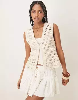 Жилет Vila premium с цветочным краем, связанный крючком, в цвете березовый крем