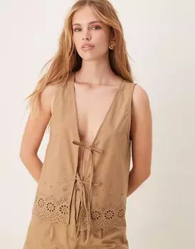 Жилет Vila с вышитым ришелье и завязкой спереди, табачного цвета
