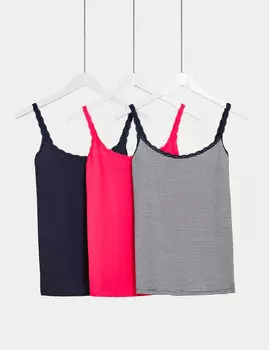 Жилеты из 3 комплектов хлопка с кружевной отделкой Marks & Spencer, розовый микс
